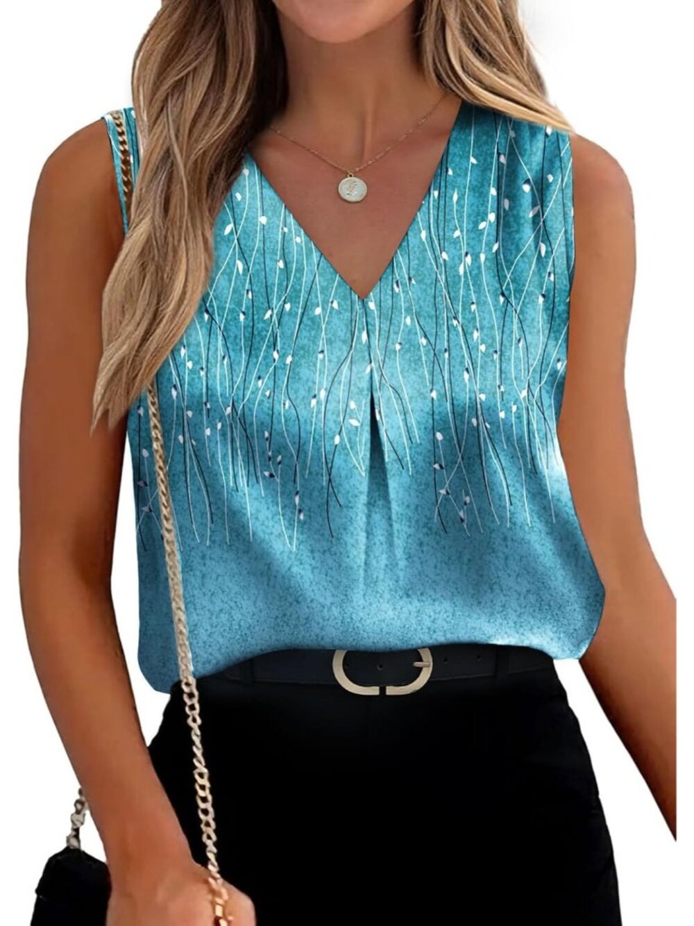 Women's Blue Print Sleeveless V Neck Silk Satin Blouses Pull On Casual Tank Tops - Picture 2 of 5